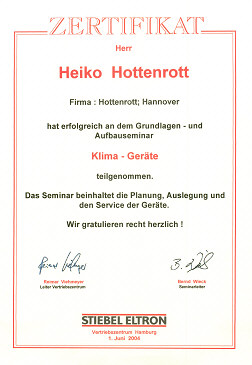 Zertifikat Klimagerte Stiebel Eltron Heiko Hottenrott 2004